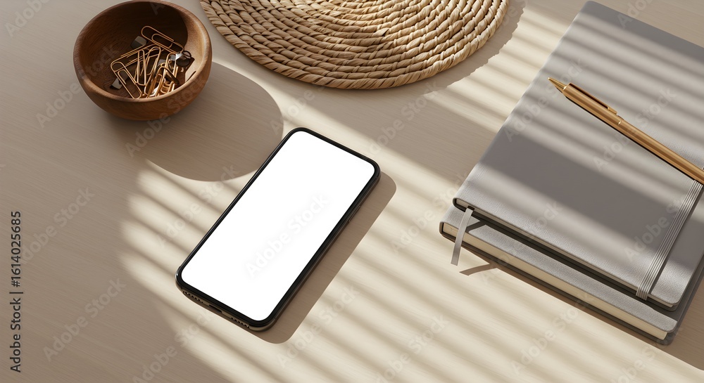 Poster sleek smartphone with empty screen on desk ready for your message or modern app design project