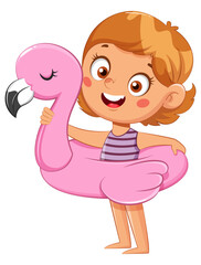 Cute little cartoon girl in an inflatable flamingo ring