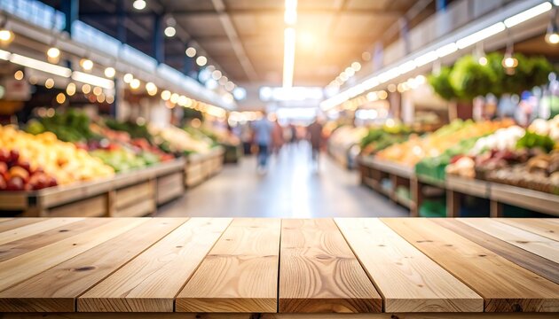 Wooden table before the out of focus marketplace