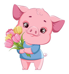 Very cute piglet with a bouquet of tulips