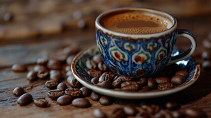 A cup of Turkish coffee on a saucer with beans around it.