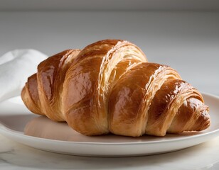 Fresh Golden Croissant on White Plate Close-Up