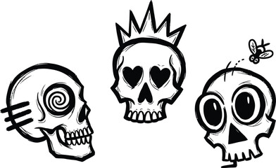 Set of three funny hand-drawn cartoon skulls with crown, hearts, and spiral eyes, cool vector icon illustration