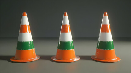 Three traffic cones in a row, orange, white, and green stripes.  Detailed view, studio shot, traffic, safety, cones, warning, caution, construction,  roadwork