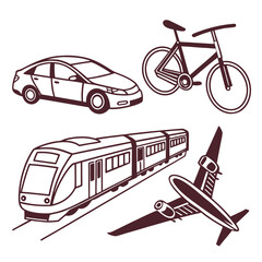 Diverse Transportation Methods Car Bicycle Train and Airplane Icons.