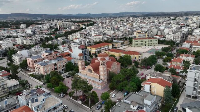 Orthodox Church with Red Domes in Central Alexandroupoli Aerial View

