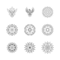 Geometric birds and intricate Mandala Designs with crystals phoenix eagle