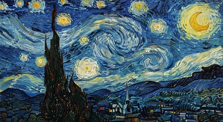 Expressive night painting of village beneath swirling constellations and ethereal starlight