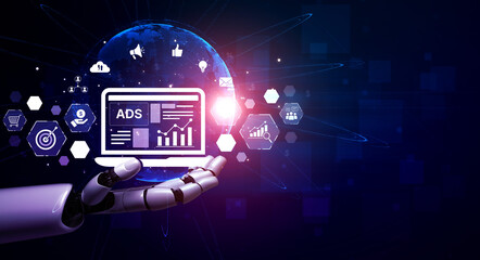 Fototapeta premium AI drives digital marketing and online ads with smart targeting, content automation, and ROI tracking for business growth. Artificial intelligence spline