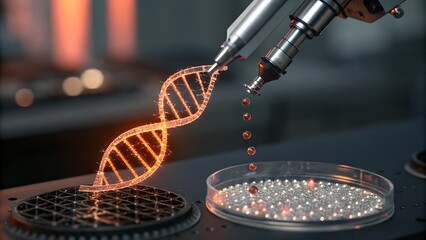 A futuristic robotic arm is precisely dispensing liquid onto a petri dish next to a glowing dna strand, representing advanced scientific research