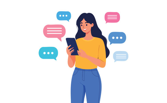 Smiling female telecaller holding tablet and wearing headset, isolated minimal vector illustration with white background for customer service, marketing, or communication design