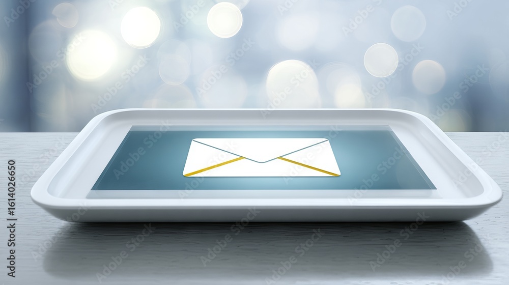 Poster digital mock up of an email icon displayed on a sleek white tray, set against a blurred background w