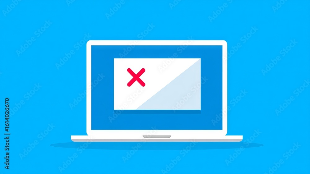 Poster laptop mock up with blank screen and red cross symbol on blue background, showcasing digital error m