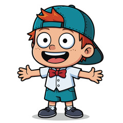 Cartoon style illustration of a boy wearing a cap and bow tie with arms outstretched smiling happily