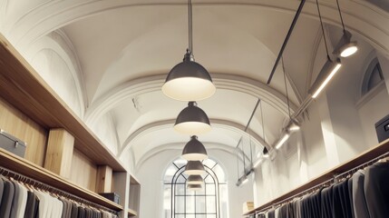 Fototapeta premium View of indoor clothing store with racks of clothes for sale, well lit with modern lighting fixtures and a contemporary design.