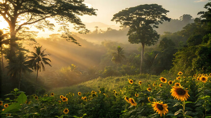 Sunbeams illuminate a field of sunflowers at sunrise in the countryside