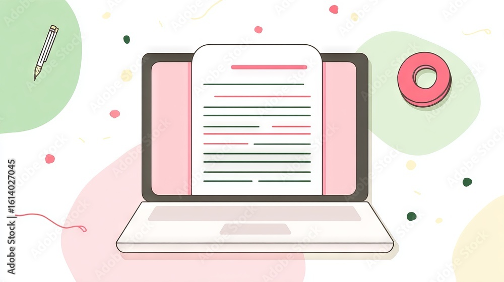Poster laptop displaying document with colorful highlights and notes, surrounded by stationery items, creat