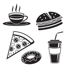 Fast Food Icons Coffee Burger Pizza Donut Drink.