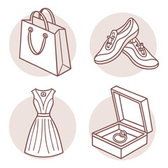 Fashionable Items Collection Shopping Bag Shoes Dress Jewelry Box.