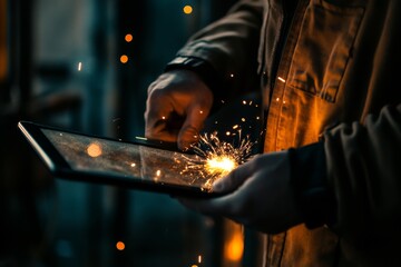 Hand holding a tablet with sparks flying around it, showcasing the device's power and capabilities.