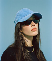 Fashion model wearing blue baseball cap and sunglasses posing on blue background, y2k style