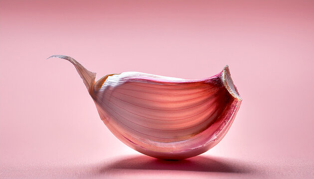unique piece of garlic clove with pink undertones resting on a plain background during bright daylight