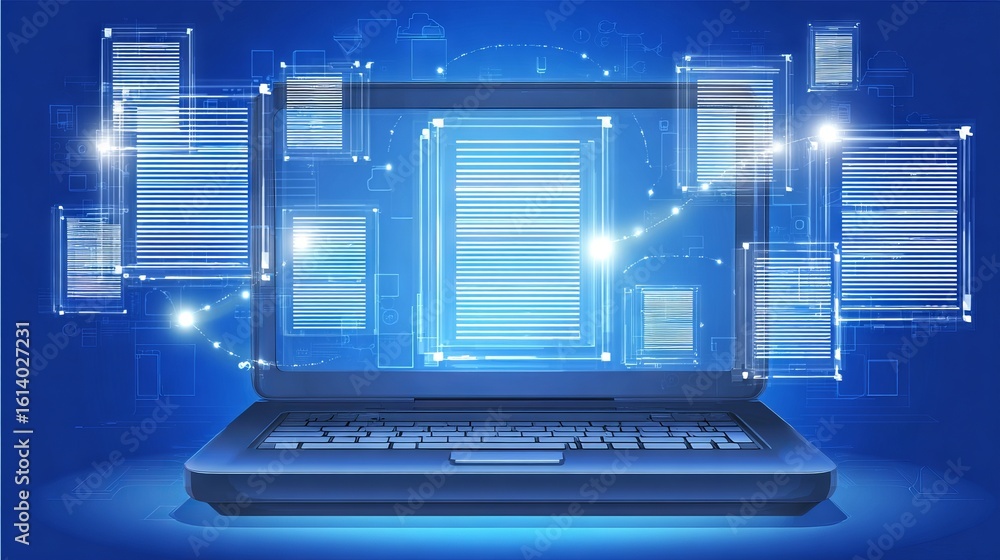 Aufkleber laptop with glowing screen displaying digital documents, surrounded by floating data elements, repre