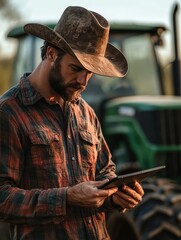 Man in a cowboy hat using tablet on the farm.
