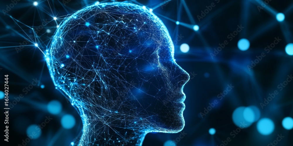 Poster a digital human head with a futuristic brain full of circuitry, symbolizing advanced technology and 