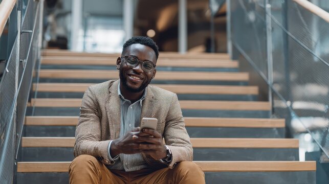 Smiling young African businessman wearing glasses sitting on stairs in an office reading text messages on a cellphone, no logos, no brands
