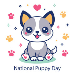 Adorable kawaii style puppy celebrating national puppy day surrounded by paw prints hearts and sparkles on a white background