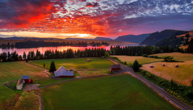 oregon wilderness luxuriant red sunset on the columbia river farm