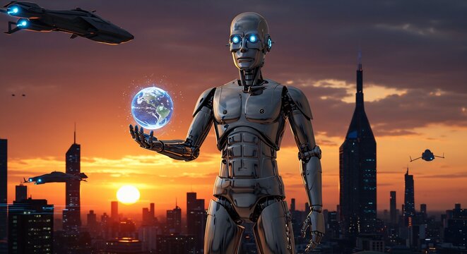 Futuristic Robot Holding Holographic Earth Against Cityscape Sunset with Flying Vehicles