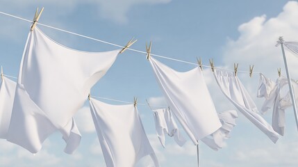 White laundry hanging on a clothesline swaying gently in the breeze against a bright blue sky, creating a serene and peaceful outdoor atmosphere of domestic life