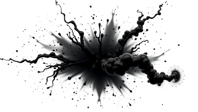 Abstract dark explosion of smoke and liquid splatter on black background