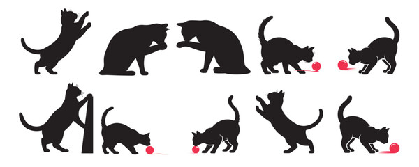 Playful Black Cat Silhouettes with Yarn Ball and Scratching Post for Pet Lovers and Craft Projects