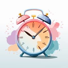 Retro twin-bell alarm clock with pink and blue bells, rendered in a vibrant watercolor style.
