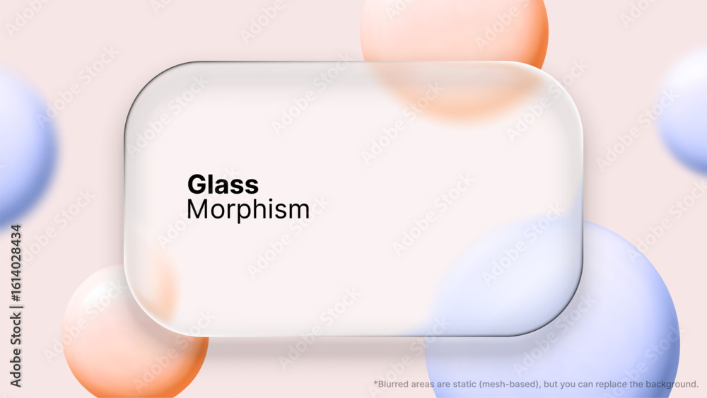 Poster liquid glass morphism vector design with rounded rectangle frame and blurred spheres. modern ui elem