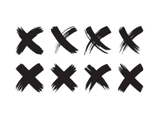  Eight black hand drawn x marks silhouette vector pack isolated on white background.