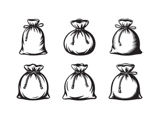 Collection of six drawstring bags silhouette vector isolated on white background