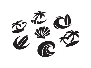 Collection of tropical beach and surf icons silhouette vector isolated on white background