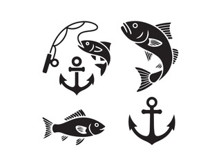  Fishing and anchor nautical symbols silhouette vector isolated on white background