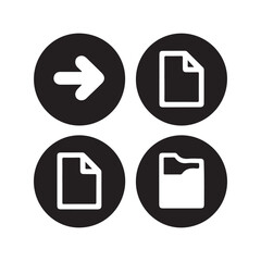 Four black circular icons with white symbols including an arrow and document icons silhouette vector isolated on white background