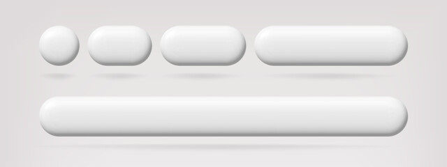Neumorphic buttons template. Blank 3d circle, oval, rounded rectangle, and long pill shapes. UI UX design elements for web and app.