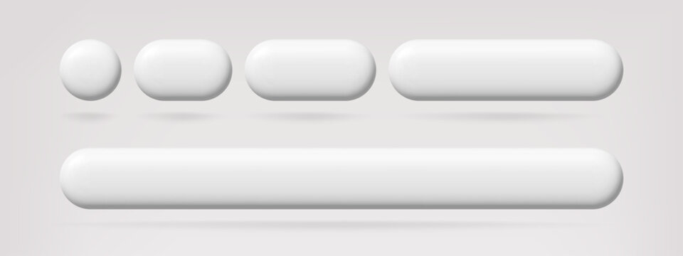 Neumorphic buttons template. Blank 3d circle, oval, rounded rectangle, and long pill shapes. UI UX design elements for web and app.