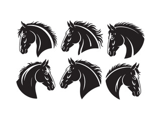Six horse head silhouettes vector isolated on white background.