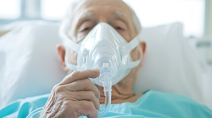 An elderly patient in a hospital bed, wearing an oxygen mask, receiving medical care in a clinical setting to help improve health and wellness.