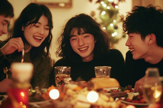 A group of friends gathered around a dinner table, enjoying their meal and each other's company during a festive holiday celebration. - Powered by Adobe