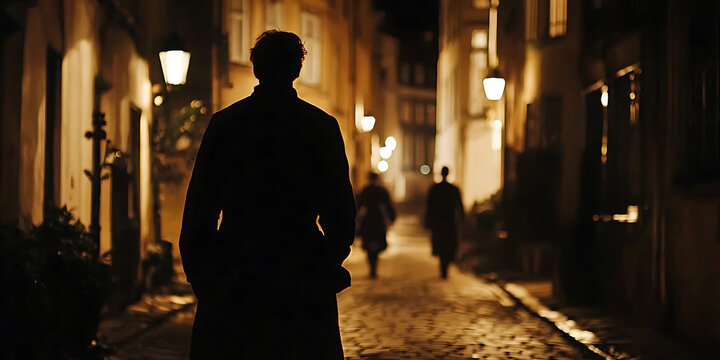 A mysterious figure walks alone down a dimly lit cobblestone street at night, with other pedestrians ahead. Dark and atmospheric scene.