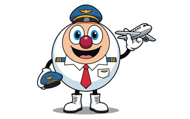 Cartoon egg pilot holding a toy airplane with a red nose wearing a pilot hat and uniform smiling